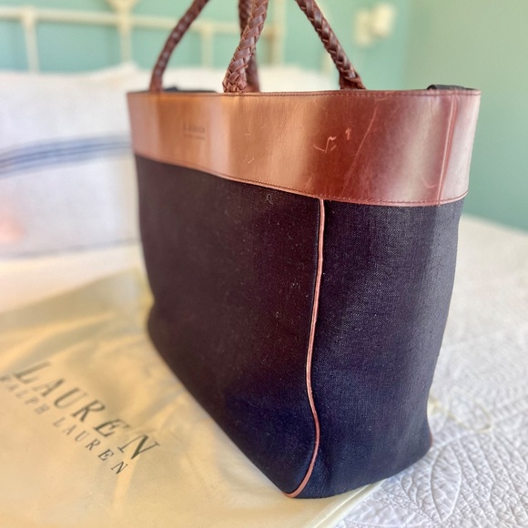 VINTAGE RALPH LAUREN LINEN LEATHER TOTE BAG - Picture 2 of 5